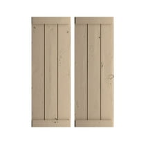 Ekena Millwork 16 1/2"W x 24"H Rustic Three Board Joined Board-n-Batten Knotty Pine Faux Wood Shutters w/End Batten (Per Pair), Primed Tan