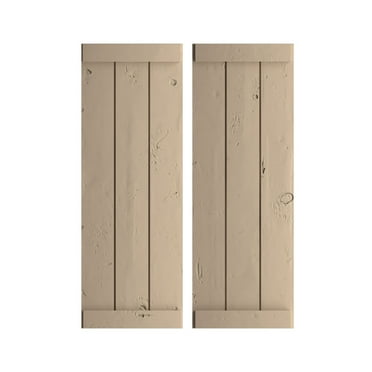Ekena Millwork 16 1/2"W x 54"H Rustic Three Board Joined Board-n-Batten Knotty Pine Faux Wood Shutters w/End Batten (Per Pair), Primed Tan