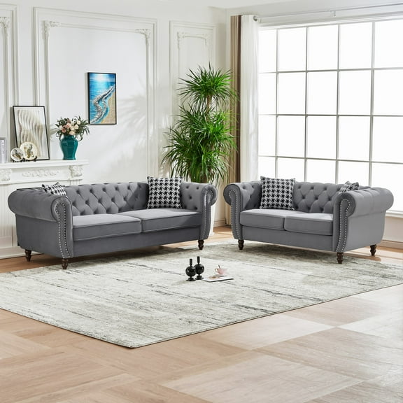 3 2 Seater Chesterfield velvet upholstery fabric Sofa with Roll Armrest & Nailhead,Upholstered Mid Century Modern Couch,3 Seater & 2 Seater Couch for Living Room, Office, Apartment, Gray