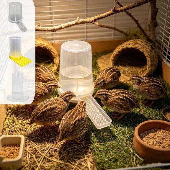 Automatic Quail Chick Water Feeder with Shallow Trough, Anti-Tip Base and Transparent Bottle for Indoor Outdoor Cage Use