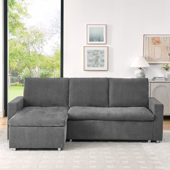 L Shaped Convertible Sleeper Sofa Bed, 90" Sectional Couch for Living Room, Pull Out Bed, Reversible Chaise with Storage, Removable& Washable Beige Corduroy Covers (Gray)