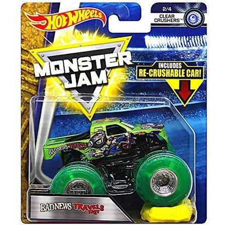 Hot Wheels Monster Jam Bad News Travels Fast Clear Crushers 1:64 Scale Truck with Re-crushable Car