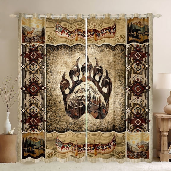 jejeloiu Wild Bear Paws Black Out Curtains,Rustic Farmhouse Curtains Pack of 2 (42x63 Each),Brown Bohemian Aztec Bedroom Curtains For Boys Kids,Ultra Soft Home Decor