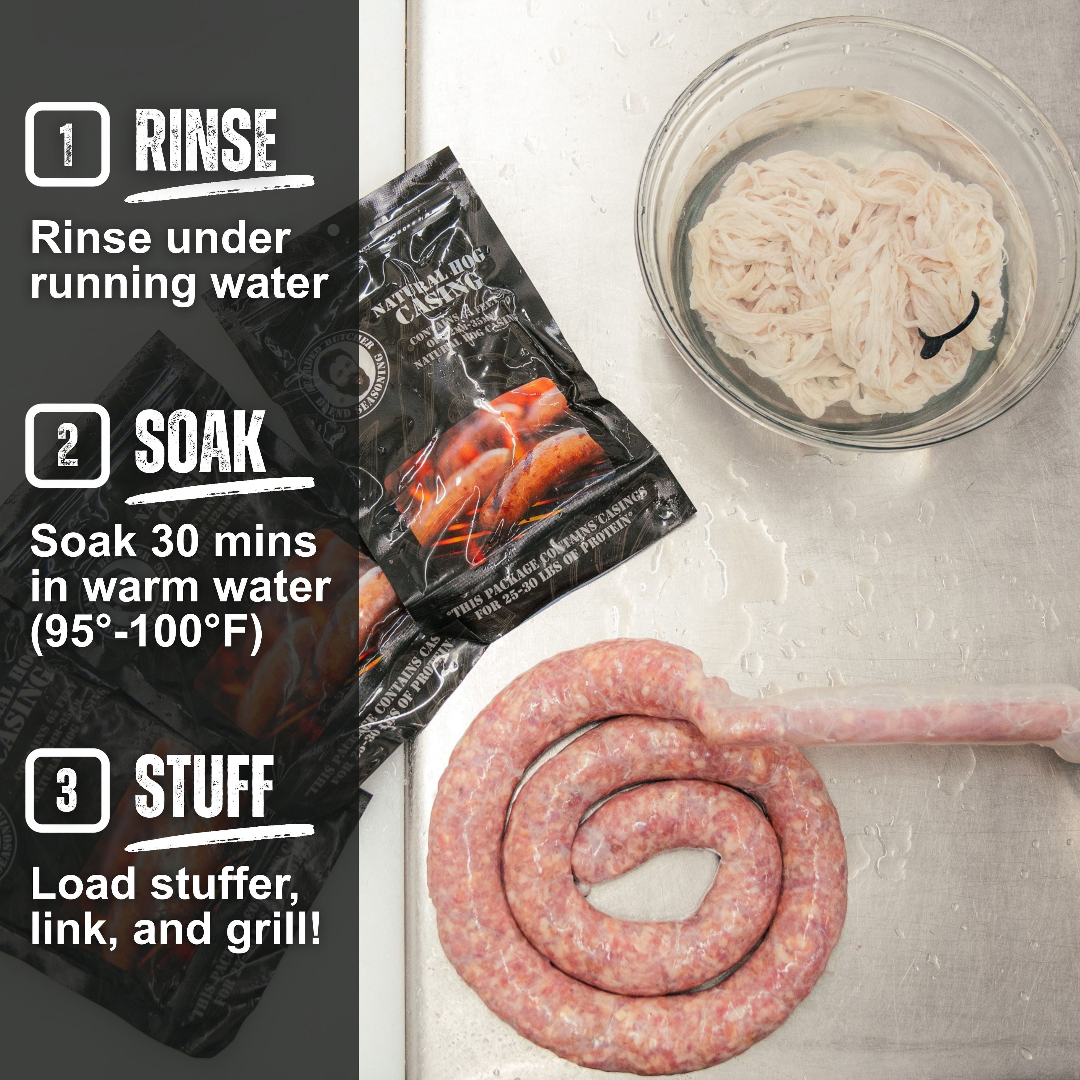The Bearded Butchers Natural Hog Casings 32-35mm, Edible Sausage Casing for 25-30 lb Meat, Pre-Flushed, Resealable Bag