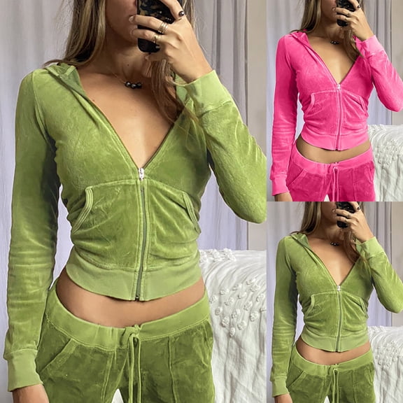 Kinrui Women's Zip Up Cropped Hoodies Vintage Long Sleeve Velvet Jacket Juniors Y2k Slim Fit Sweatshirt with Pockets Green,M