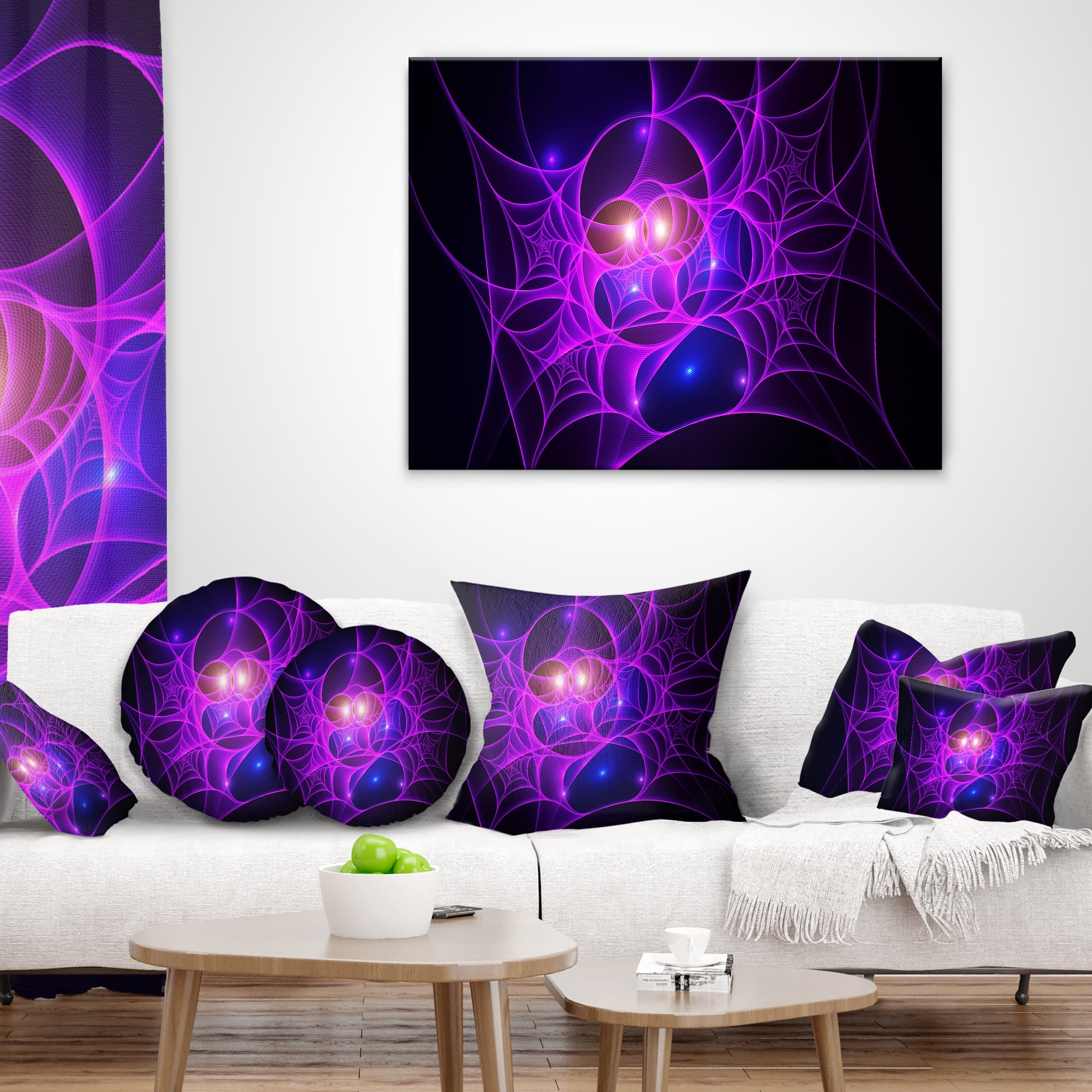 Designart Bright Purple Fractal Cobweb - Abstract Throw Pillow - 18x18