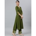 thumbnail image 4 of Janasya Indian V-Neck 3/4 Sleeve Solid Olive Green Rayon Kurta With Palazzo And Dupatta For Women, 4 of 8