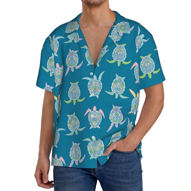 Fotbe Sea Turtle Camisa Estampada de Manga Corta para Hombre, Casual de Verano, Estilo Playero, Sin Arrugas-Medium
