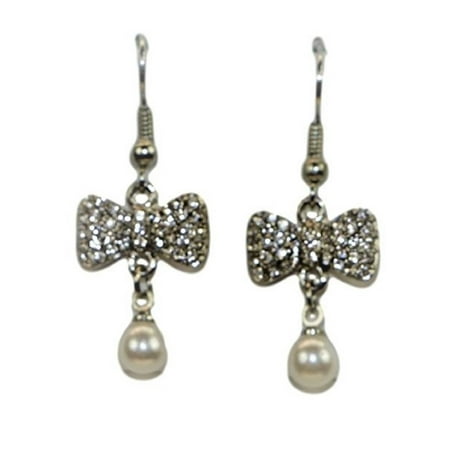 Less Fashion Surgical Steel Rhodium Plated Less Fashion Surgical Steel Rhodium Plated S Hanging Bow Earrings With Dangling Pearl Silver