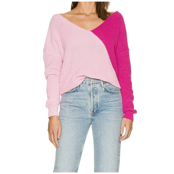 Yuyuzo Fall Sweaters for Women Ribble Knit Jumper Tops Long Sleeve V Neck Solid Color Patchwork Pullover Blouse