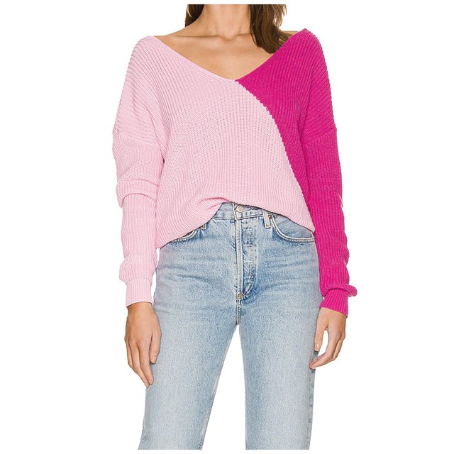 Yuyuzo Fall Sweaters for Women Ribble Knit Jumper Tops Long Sleeve V Neck Solid Color Patchwork Pullover Blouse