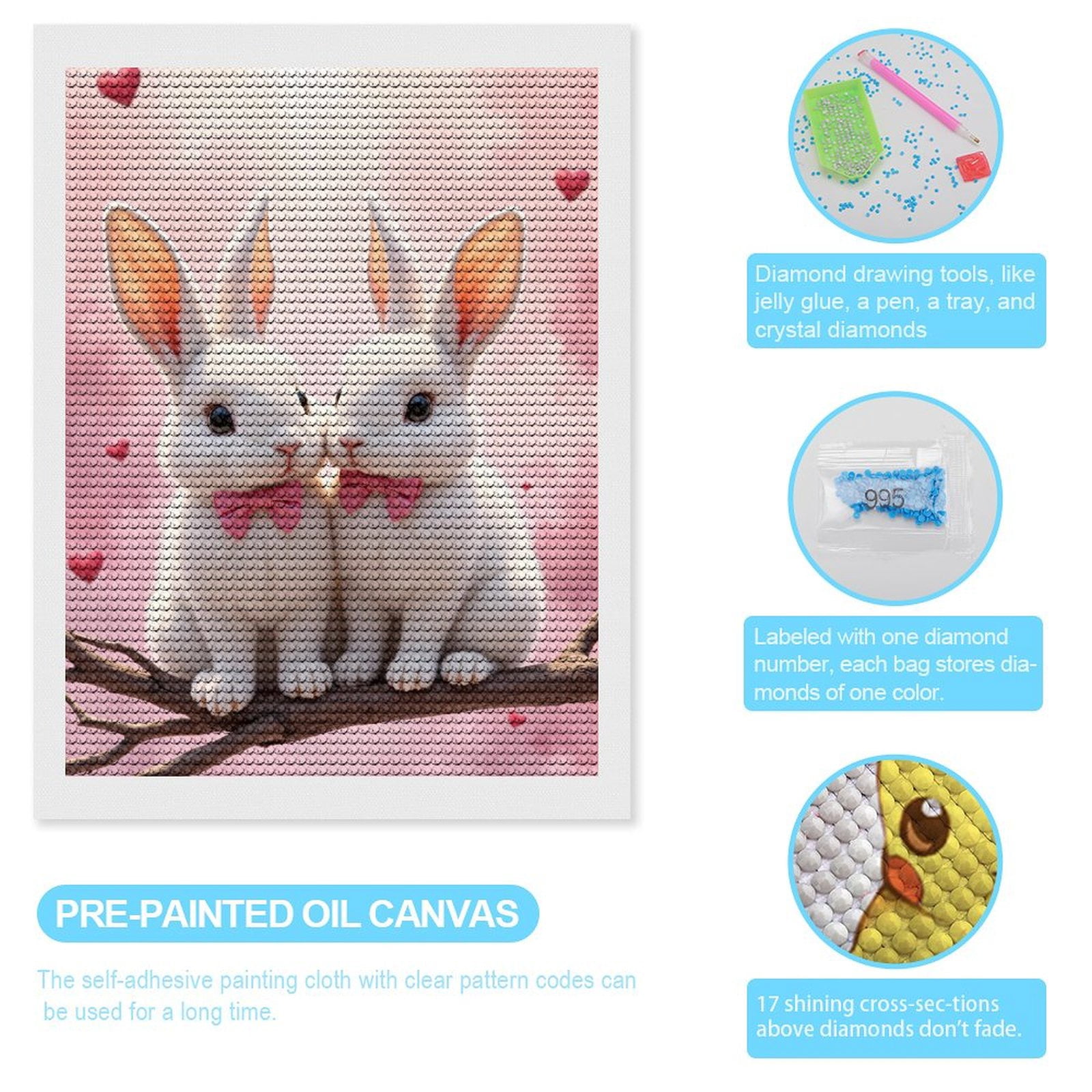 Diamond Art Kits for Adults, White Rabbits Pink Bows Hearts 5D Diamond Painting Kits for Adults Beginners, DIY Full Drill Diamond Painting, Gem Art and Crafts 12x16