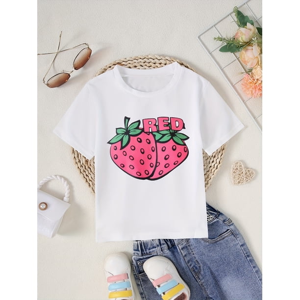 Camiseta de verano para niña con dibujo de fresa, cuello redondo, tejido de punto informal, 100 % poliéster, ligeramente elástico, corte regular - Rosa