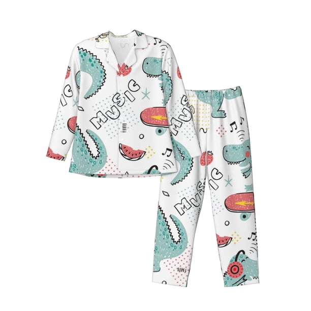 Fotbe Music Lover Dinosaur Pijama de Hombre con Estampado de Manga Larga, Conjunto de 2 Piezas, Ropa de Dormir Suave y Cómoda con Bolsillos-Large