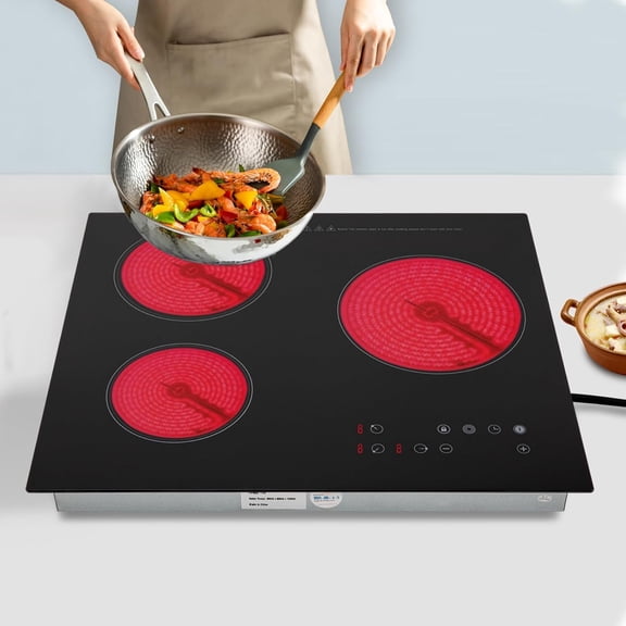 Miumaeov Electric Ceramic Cooktop, 23.2 in L Electric Cooktop, 2600W 110V 3 Burners Radiant Stove Top with Timer, Child Safety Lock, Sensor Touch Control