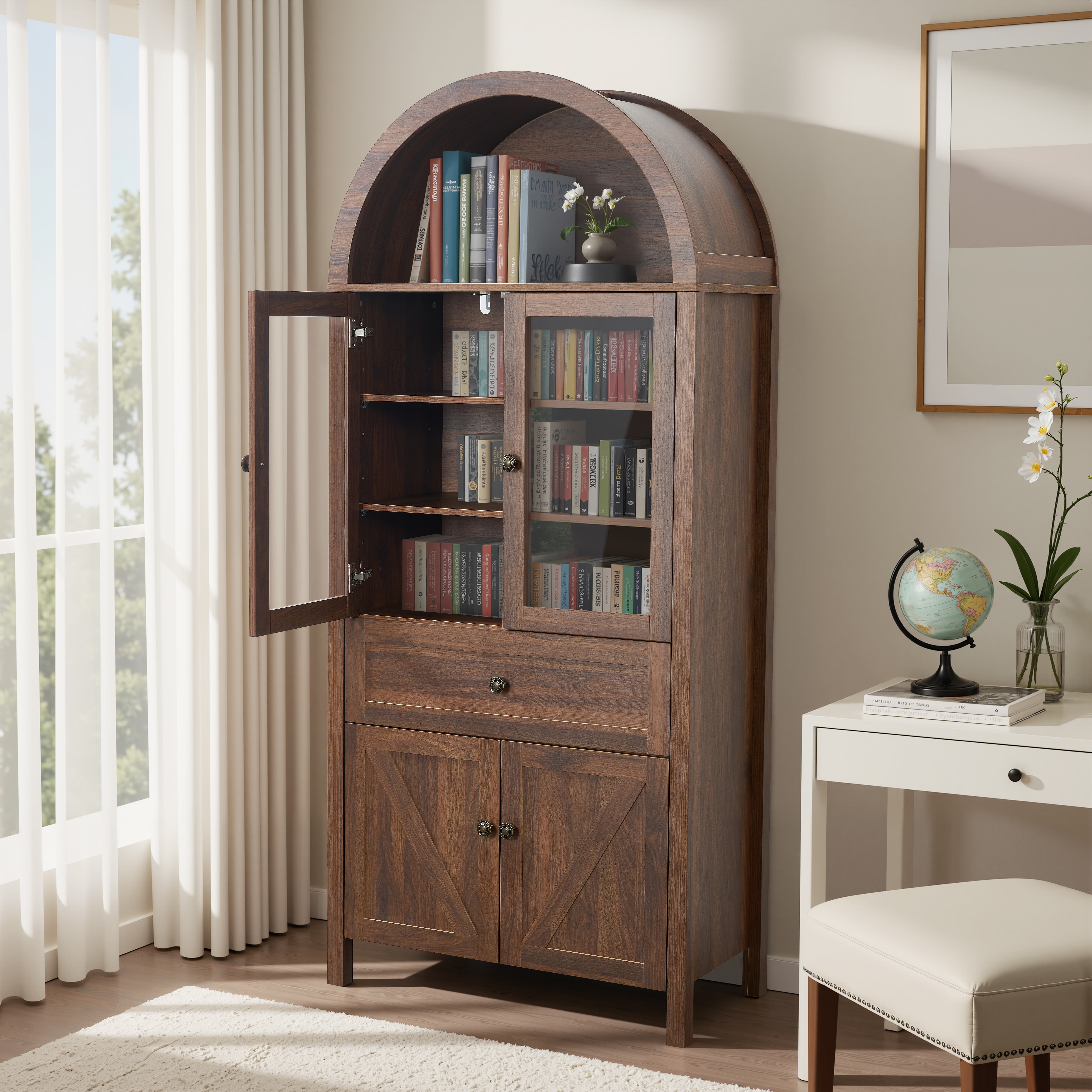 Aukfa Retro Wood Storage Cabinet, Arched Tall Kitchen Pantry with Bookshelf & Sideboard,Walnut
