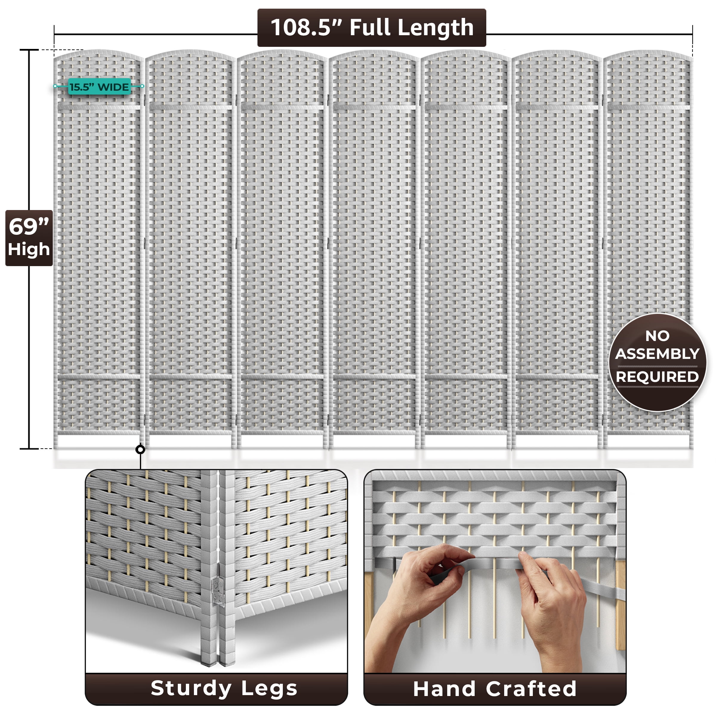 Sorbus 7-Panel Wide Folding Room Divider Privacy Screen, Hand-Woven White Mesh