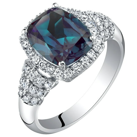 Alexandrite Lab - 14K White Gold Created Alexandrite and Lab Grown Diamond Ring 4.04 carats total Cushion Cut