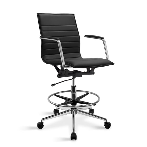 2xhome Office Drafting Chair Ribbed Mid Back With Wheels And Arms For Home Office Conference Room Tilt Ribbed Adjustable Height Chrome Swivel with Chrome Foot Rest Black, Set of 1, 1 piece