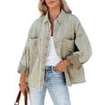 thumbnail image 1 of Chaqueta desgastada informal con cuello vuelto, botonadura simple con bolsillos, chaqueta informal de manga larga de gran tamaño para mujer, verde claro M, 1 of 8