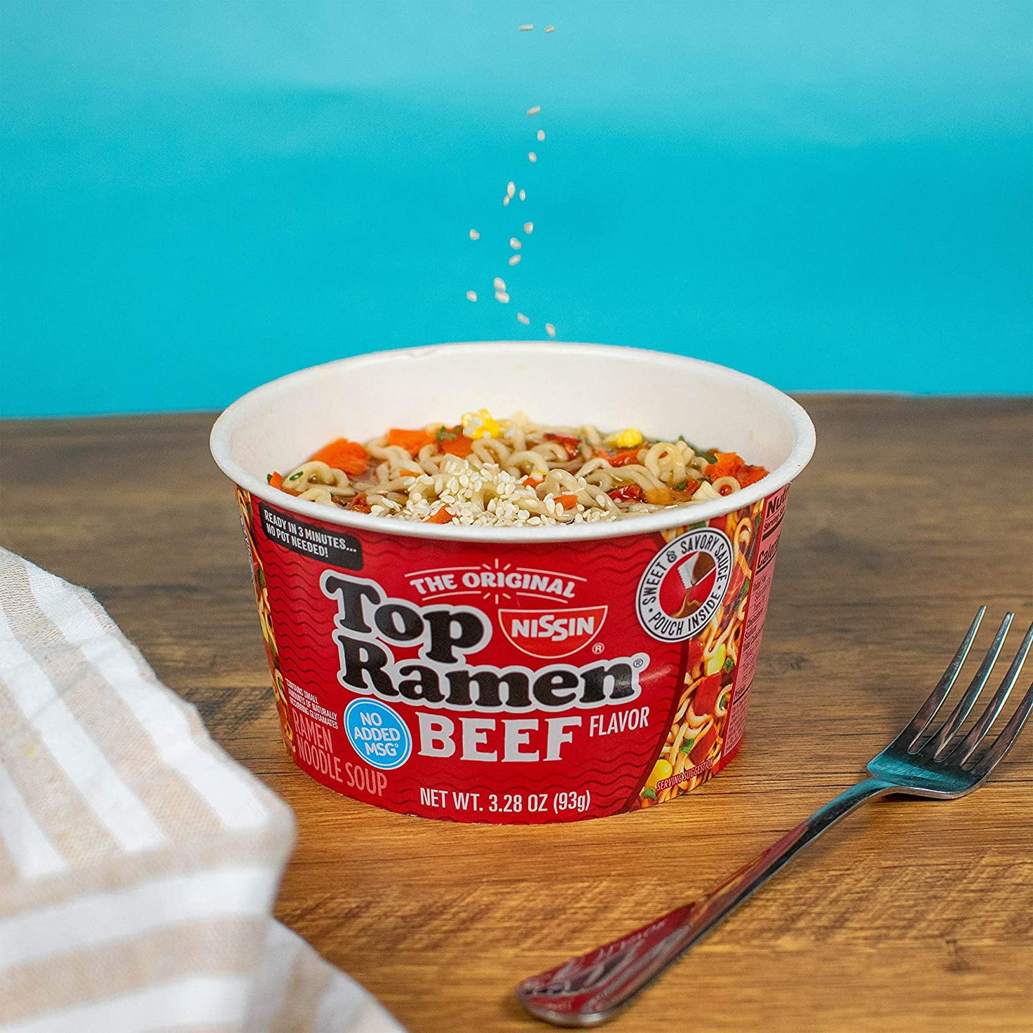 Everyday Necessiteez Nissin Top Ramen Bowl Ramen Noodle Soup, Beef, 3.28 Ounce (Pack of 12)~Includes Essentials Tote Bag & EE Porte Pot