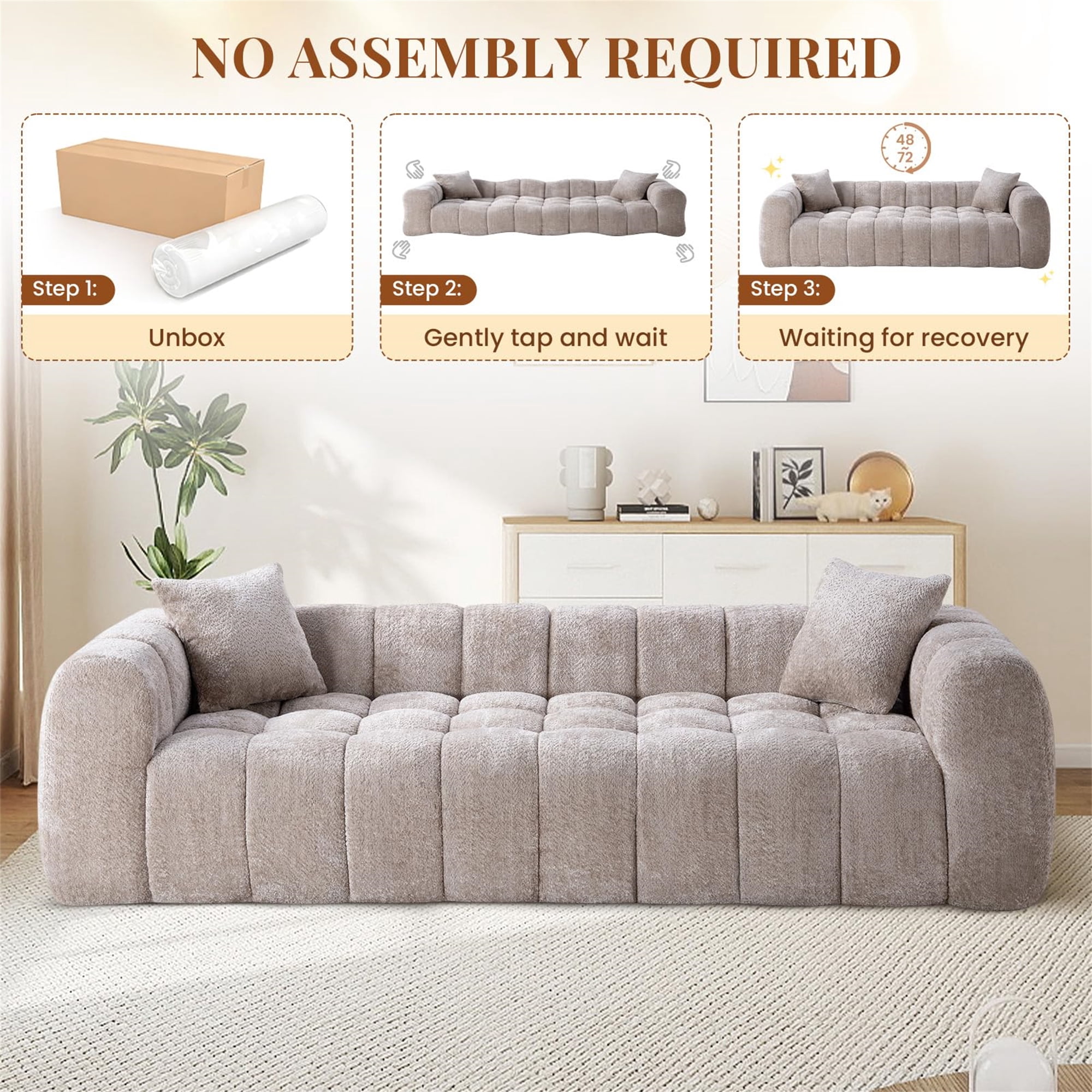 Aukfa 103" Oversized Boucle Cloud Sofa Deep Seat Boneless Couch with Square Tufted for Living Room, 2Pillows, Camel