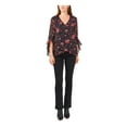 thumbnail image 3 of VINCE CAMUTO Womens Black Sheer Metallic Cross Over Hem Lined Floral Flutter Sleeve V Neck Wear To Work Top XS, 3 of 4
