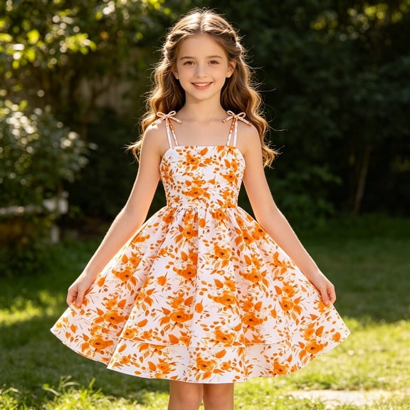 Girls Summer Dresses Flowy Tierless A-Line Bow Detail Spaghetti Strap Casual Beach Sundress Orange 8-9 Years