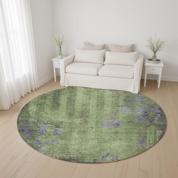 Addison Rugs Mayfield Premium Machine Washable Transitional Floral Aloe Round Rug, 8' x 8'