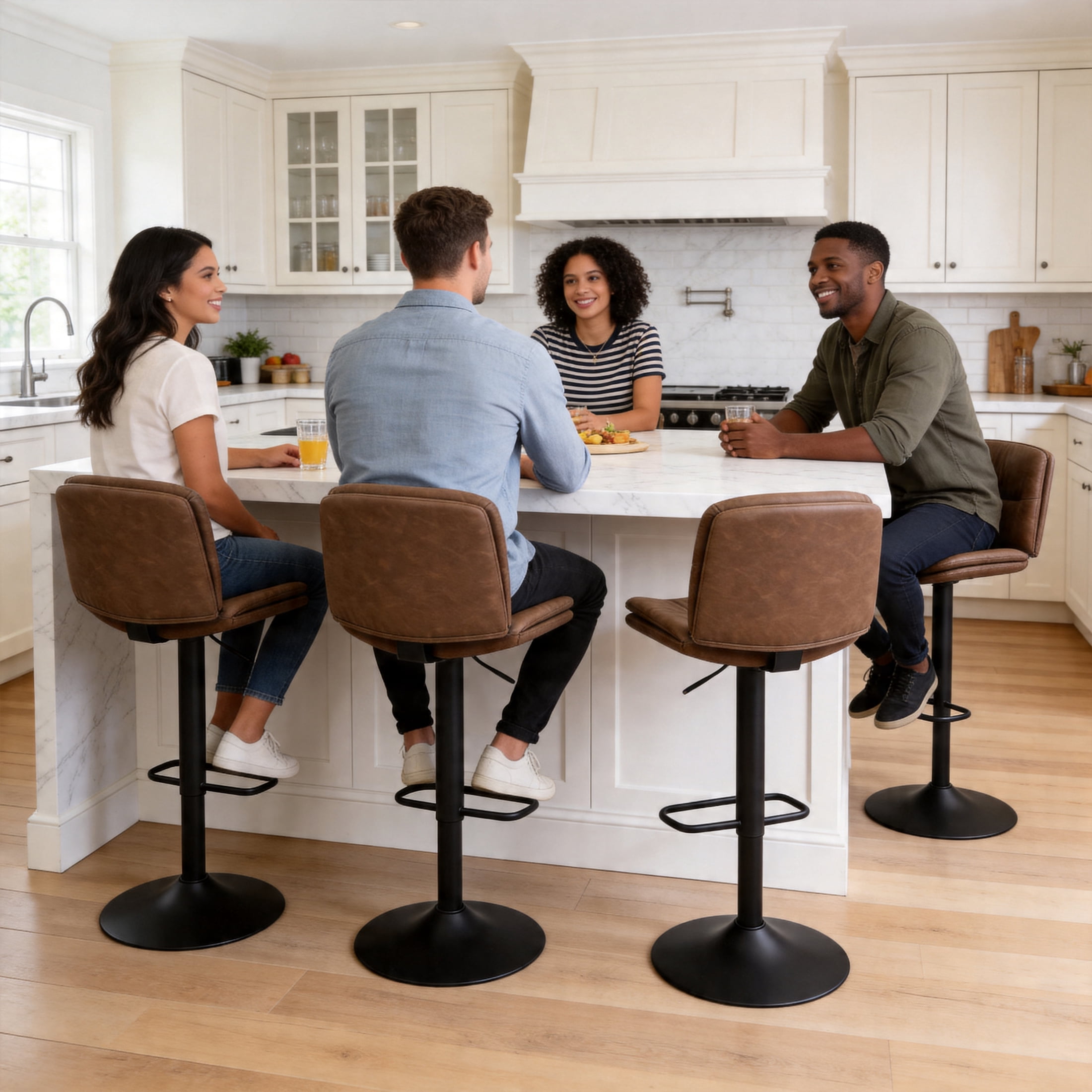 FIRAVOE Swivel Bar Stools Set of 4, Double-Layer Upholstered Counter Height Bar Stools with Back, PU Leather Height Adjustable Barstools for Kitchen Island, Tan