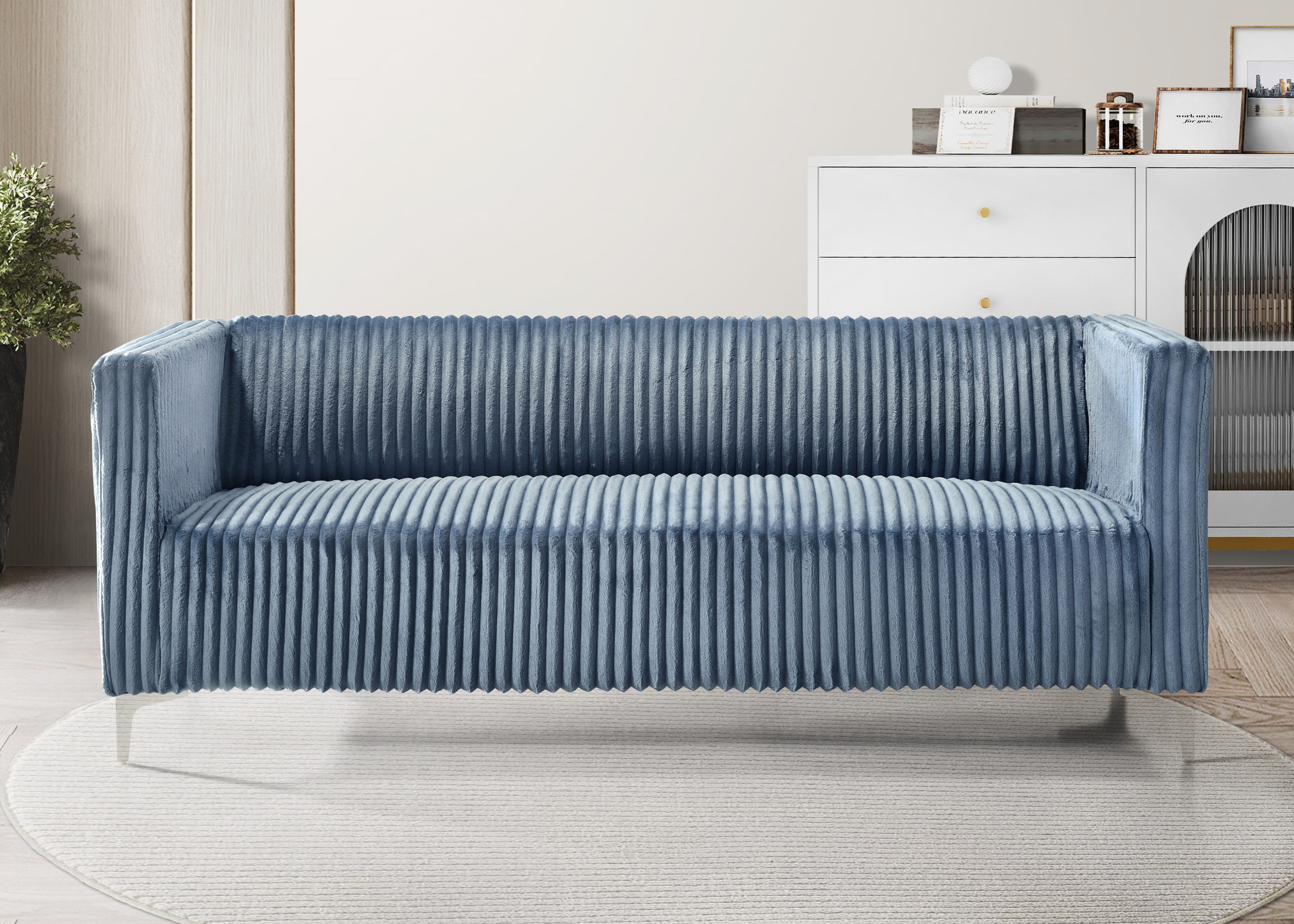 Home Design Gavin Velvet Square Arm Sofa with Plush Cushions and Modern Upholstery, Durable Frame for Living Room, Contemporary Blue Design