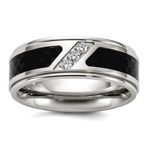 Titanium Polished With Black Carbon Fiber Inlay and Cubic Zirconia 8mm Band Size 12 Ring for Women and Men