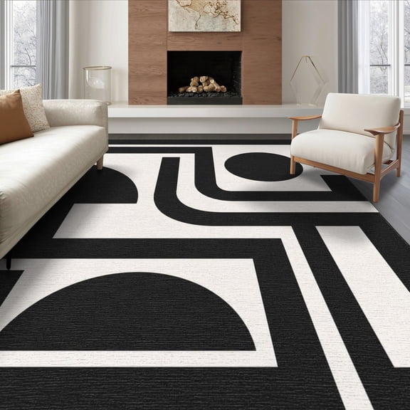 ODIKA 8'x10' Washable Area Rug Durable, Non-Slip Black White Geometric Abstract Art Design Elegant Contemporary with Bold Contrast for Living Room, Under Sectional, Family
