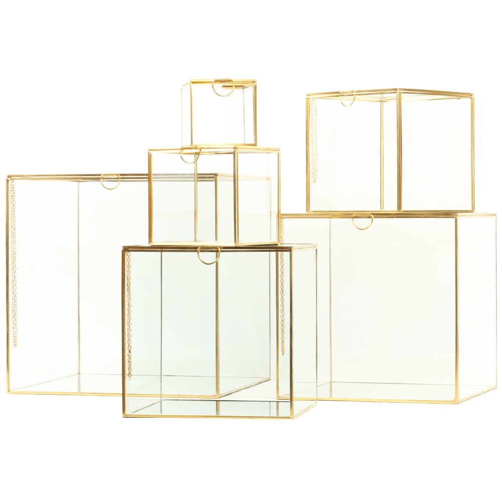 Koyal Wholesale Glass Museum Display Cases, Gold Cube Boxes, Set of 6