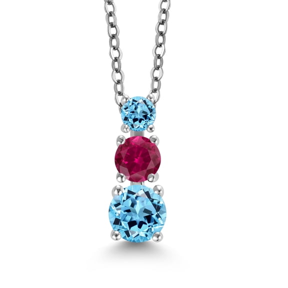 Gem Stone King Swiss Blue Topaz and Red Created Ruby 3 Stone Pendant Necklace for Women (1.05 cttw, Gemstone Birthstone, Round 5MM, 4MM and 3MM, with 18 inch Chain)