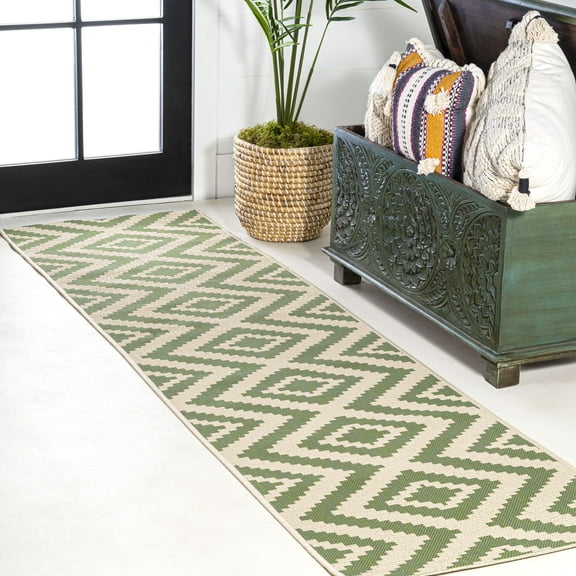 JONATHAN Y SANTA MONICA 2 x 8 Runner Rug, Sintra Diamond Tribal - Green/Cream, SMB116B-28