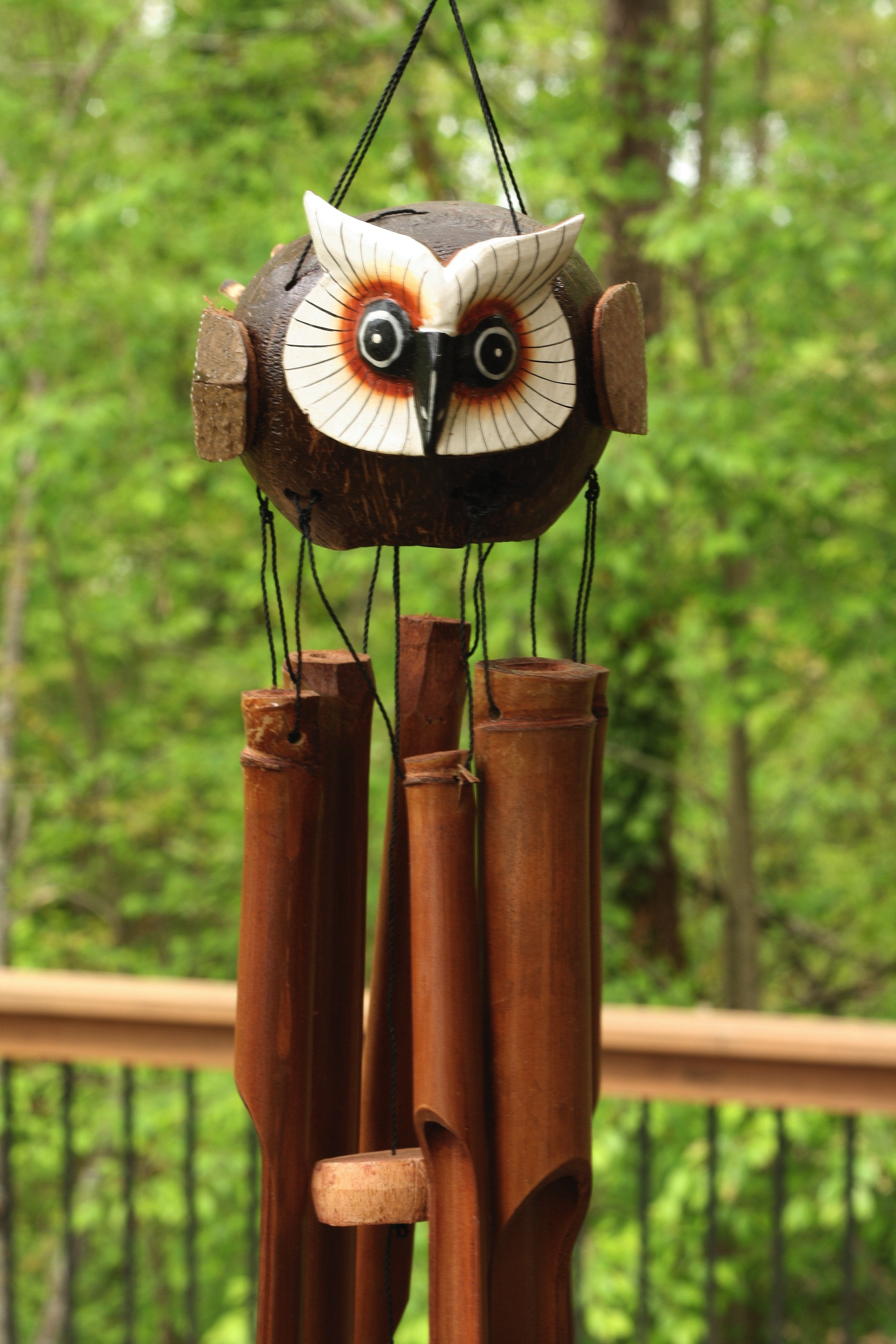 Handmade Wooden Flying Owl Bamboo Wind Chime Wood Statue Figurine Hoot Sculpture Decorative Rustic Patio Garden Outdoor Decor Handcrafted Decoration