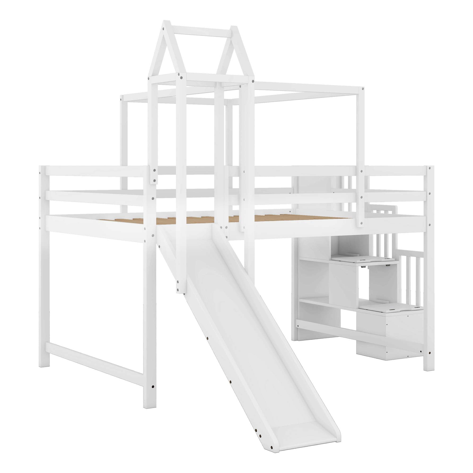Aukfa Full Size Loft Bed with Slide - House Loft Castle Bed with Stairway Tent Tower for Kids - Navy