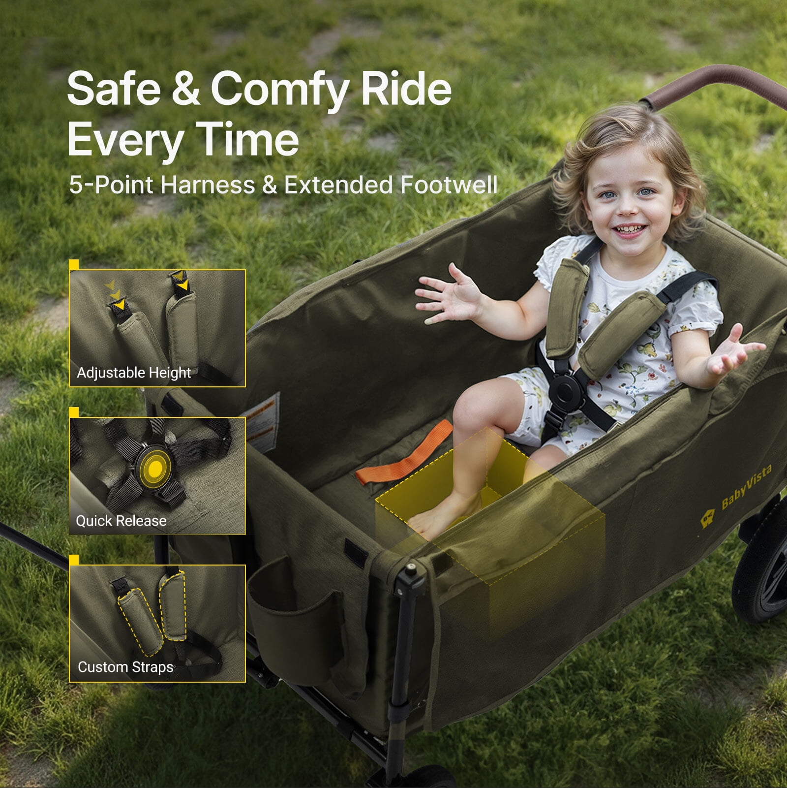 BabyVista Wagon Stroller All-Terrain for 2 Kids with Canopy, Parents Organizer, Adjustable Handlebar, Compact Foldable Baby Stroller Collapsible Toddler Stroller