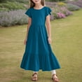 thumbnail image 3 of Girls Dresses Party Dresses for Girls Girls Summer Pleated Short Sleeve Round Neck Loose Casual Flowy Layered Extra Long Dress With Pockets, 3 of 7