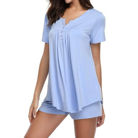 

iOPQO Women Pajama Sets Womens Button Short Sleeve Sleepwear Set Pajama Sets Bamboo Tank And Shorts Set Blue S