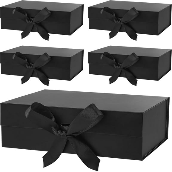 Erinnmy 5 Pack Gift Boxes with Lids,Magnetic Closure Collapsible Gift Box,Black Proposal Box with Ribbon for Presents,Christms,Mother's Day,Weddings,Bridesmaid Proposal Gifts,10.2x7.3x 3.2 Inch