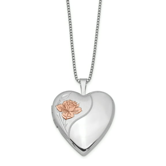 Primal Silver Sterling Silver Rhodium-plated 20mm with Enameled Rose Heart Locket with 18-inch Box Chain