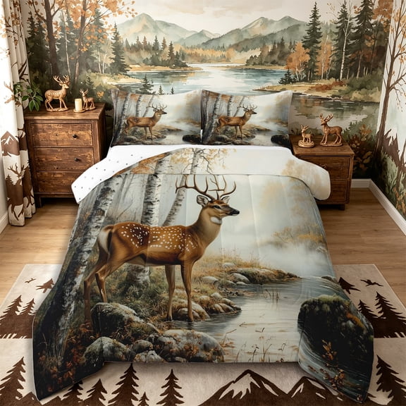 Castle Fairy Vintage Oil Paint Spotted Deer Full Size Comforter Sets 3-Piece,Autumn Birch Creek Pine Bedding Comforter Set,Ochre Brown Cream,Reversible,1 Comforter and 2 Pillowcases