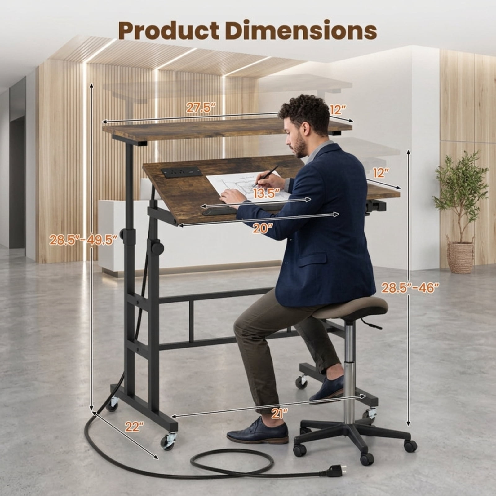 Furnibear Height Adjustable Mobile Standing Desk with Power Outlets Tilting Tabletop Rolling Laptop Cart and Wheels for Home Office, Rustic Brown