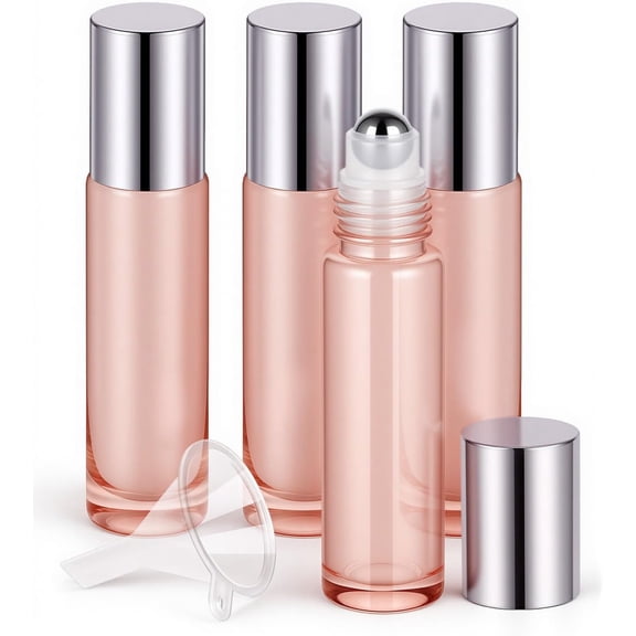 4 Pack Essential Oil Roller Bottles, 10ml Refillable Glass Roller Bottles with Stainless Steel Roller Balls and Caps for Travel, Perfume and Lip Gloss Rose Gold