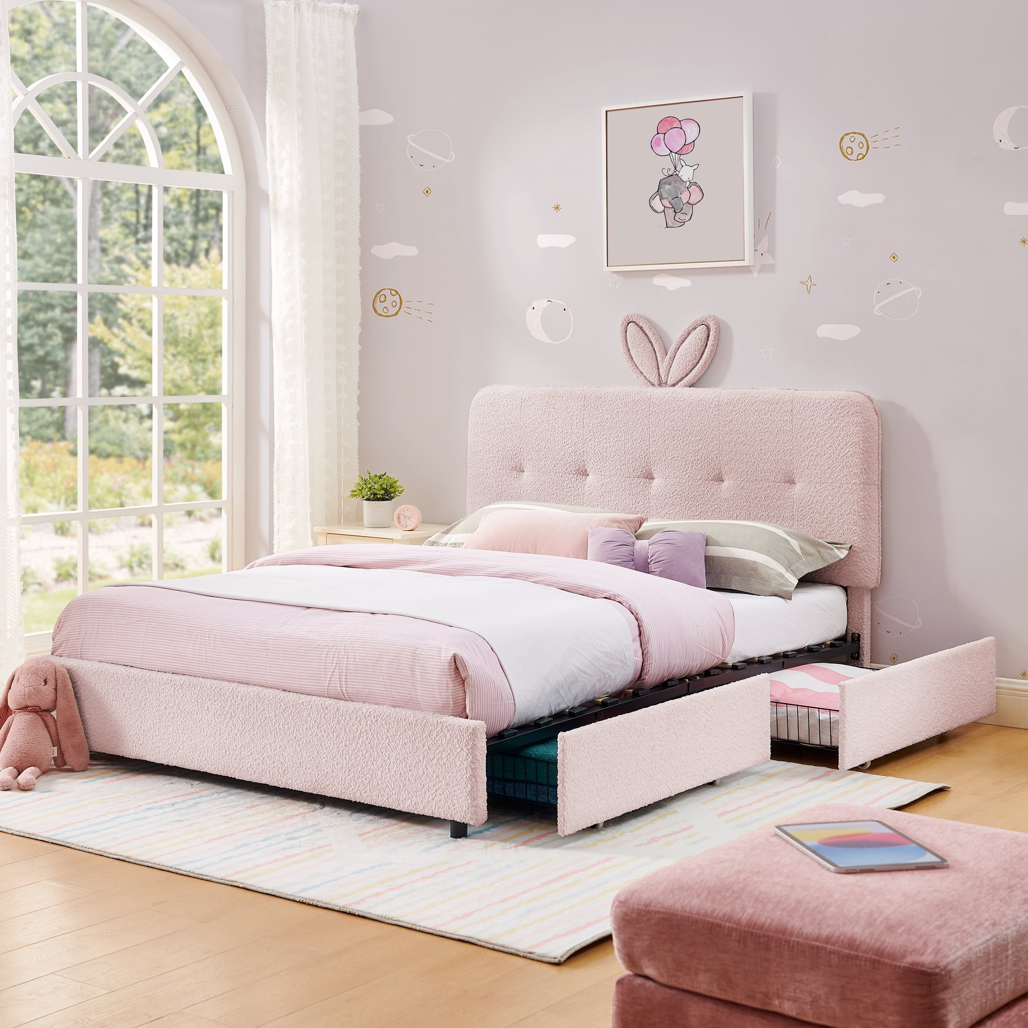 Mintazer Full Upholstered Kids Bed with Oversized Rabbit Ear Headboard, Boucle Fabric Platform Bed with LED Headboard & 4 Storage Drawers, Pink