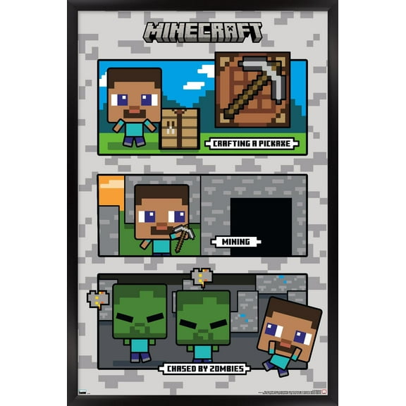 Minecraft - Chibi Chased By Zombies Wall Poster, 14.725" x 22.375" Framed