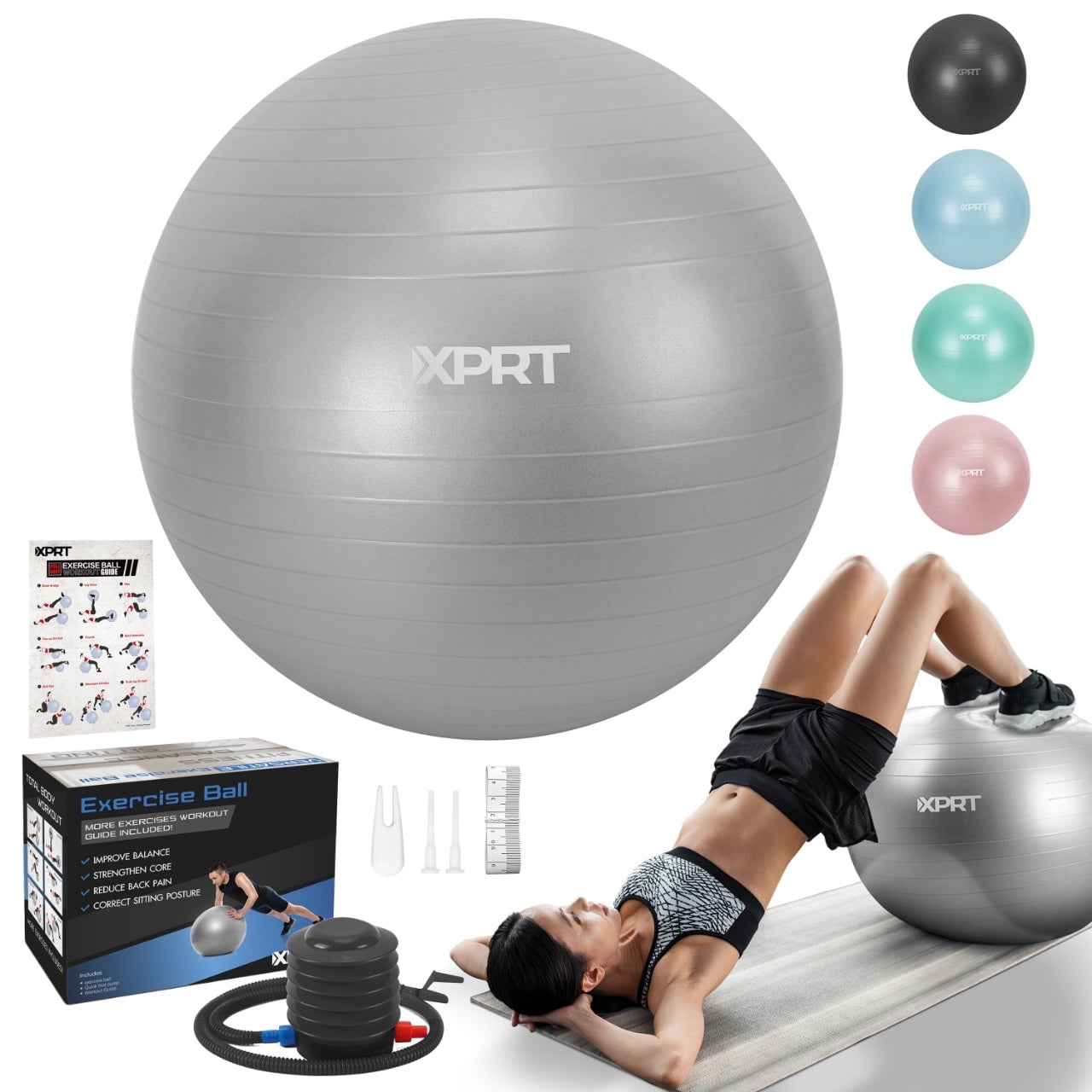 XPRT Fitness 65 cm Silver Gray Exercise Ball, Anti-Burst Yoga Stability Ball with Foot Pump for Core Strength, Posture & Back Relief
