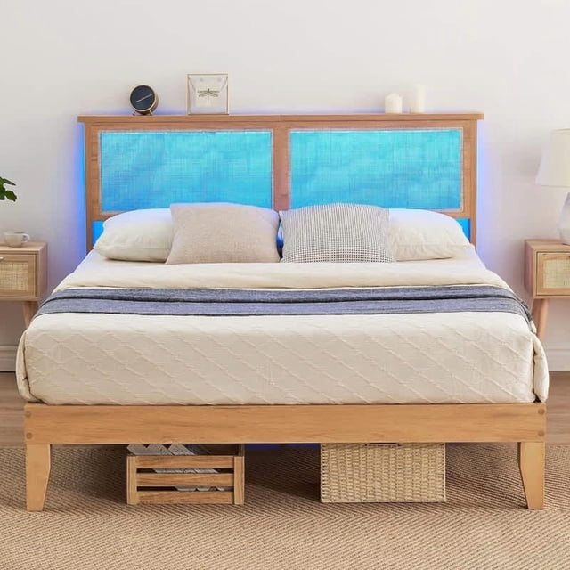 Ourlova Queen Size Bed Frame with Rattan Headboard, Full Size Bed Frame with LED Lights, with Storage Headboard, No Box Spring Needed, Easy Assembly